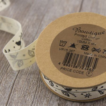 Лента хлопковая на картонной мини-катушке "Птички на ветке". Арт VR15.067