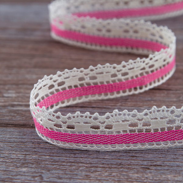 Мерсеризованное хлопковое кружево, 22 мм, цвет сливочный с розовым. Арт 1745/F0