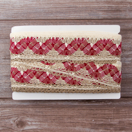 Мерсеризованное хлопковое кружево, 55 мм, цвет молочно-белый/бежевый/бордо. Арт 1854/D4