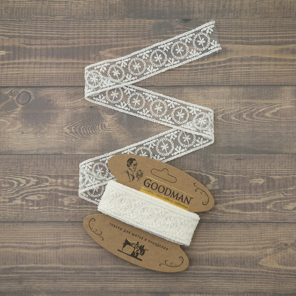 Кружево-вышивка на тюле, 33 мм, цвет молочный, 100% полиэстер, 3,5 м. Арт T-2005.112