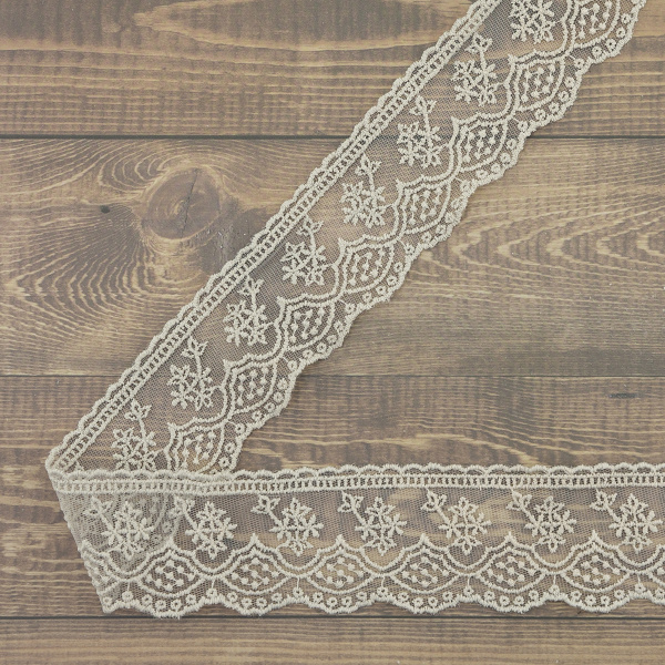 Кружево-вышивка на тюле, 37 мм, цвет светло-серый, 100% полиэстер, 4,5 м. Арт T-3008.373
