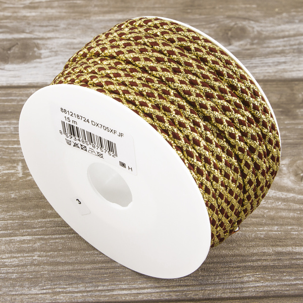 Шнур плетеный PEGA с люрексом, золото с бордовым, 7 мм, 15 м. Арт 881218724DX705