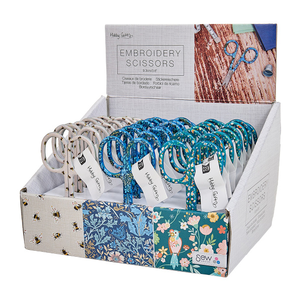 Ножницы для вышивания 9 см., 3 цвета, 24 шт. в картонном прикассовом стенде. Арт MR4819.1.DB