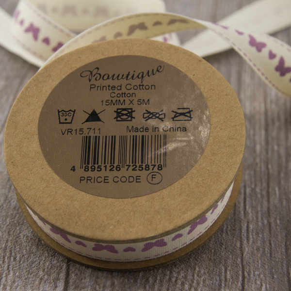 Лента хлопковая на картонной мини-катушке "Бабочки". Арт VR15.711