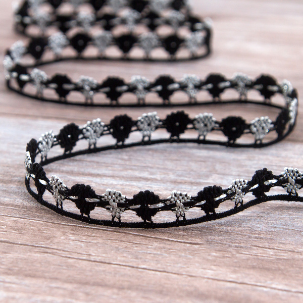 Мерсеризованное хлопковое кружево, 13 мм, цвет черный с серебристым. Арт 3615/J0                 