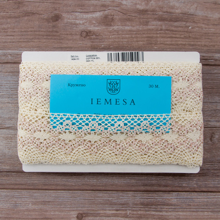 Мерсеризованное хлопковое кружево, 60 мм, цвет сливочный/светло-сиреневый. Арт 1424/X3