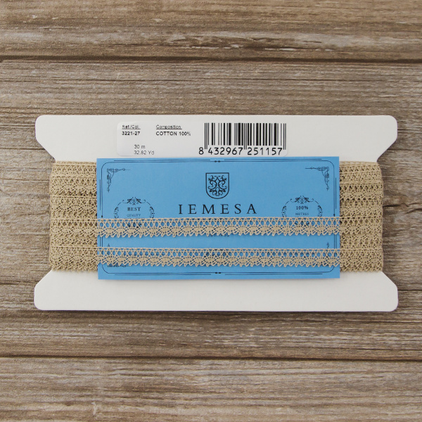 Мерсеризованное хлопковое кружево, 10 мм, цвет бежевый. Арт 3221/27