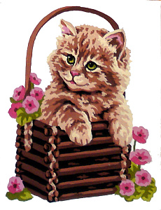 Канва жесткая с рисунком "Котенок в корзине"
