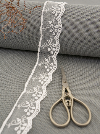 Кружево-вышивка на тюле, 32 мм, цвет белый, 100% полиэстер, 3,5 м. Арт T-30115.212