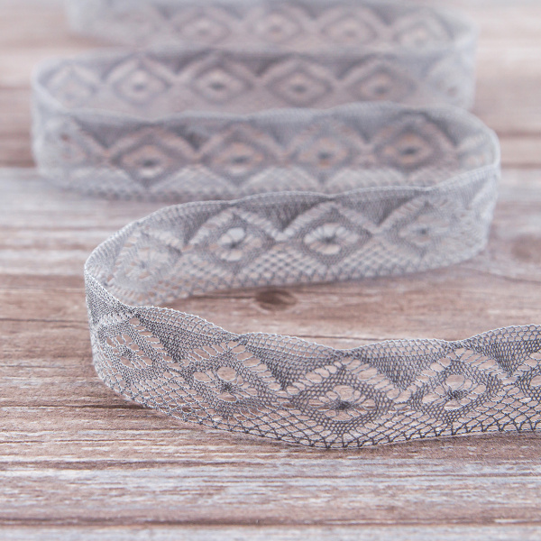 Мерсеризованное хлопковое кружево, 25 мм, цвет серый. Арт 2023/W3