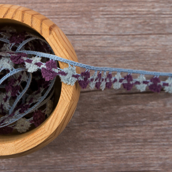 Мерсеризованное хлопковое кружево, 13 мм, цвет серый с фиолетовым. Арт 3615/CB