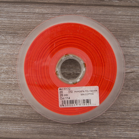 Косая бейка хлопок/полиэстер 20 мм, 25 м, цвет 114, ярко-оранжевый. Арт 6120-20мм-114           