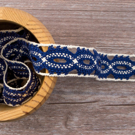 Мерсеризованное хлопковое кружево, 20 мм, цвет синий с молочно-белым. Арт 1826/J6                 