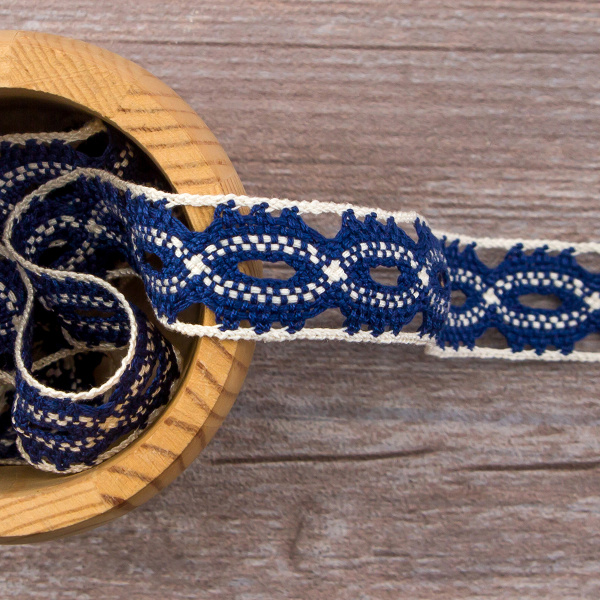 Мерсеризованное хлопковое кружево, 20 мм, цвет синий с молочно-белым. Арт 1826/J6                 