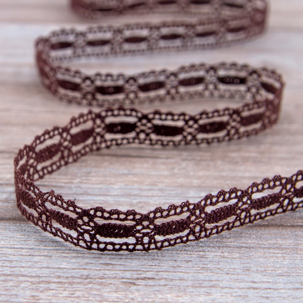 Мерсеризованное хлопковое кружево, 15 мм, цвет темно-коричневый. Арт 1798/05                 