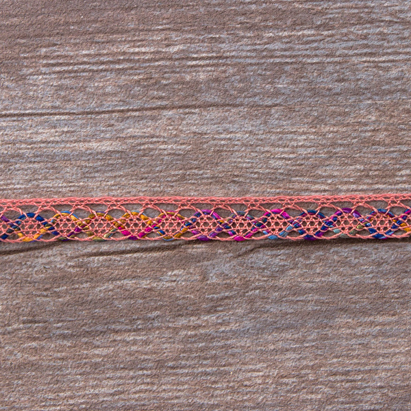 Мерсеризованное хлопковое кружево, 13 мм, цвет пыльно-розовый с сиренево-желтым. Арт 3155/A3