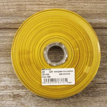 Косая бейка хлопок/полиэстер 20 мм, 25 м, цвет 105, ярко-желтый. Арт 6120-20мм-105           