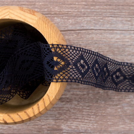 Мерсеризованное хлопковое кружево, 25 мм, цвет темно-синий. Арт 2024/9S