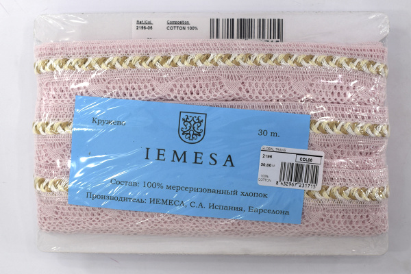 Мерсеризованное хлопковое кружево, 35 мм, цвет розовый. Арт 2196/06