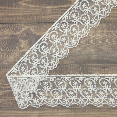 Кружево-вышивка на тюле, 63 мм, цвет молочный, 100% полиэстер, 3,5 м. Арт T-1909.112