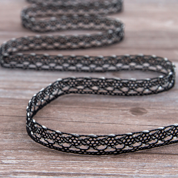 Мерсеризованное хлопковое кружево, 13 мм, цвет черный с серебристым . Арт 3155/J4