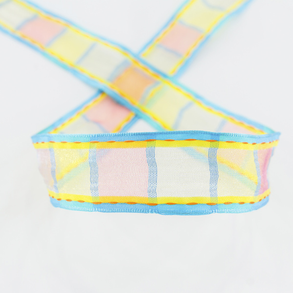 Лента органза с рисунком, 25 мм, 15 м, цвет 01, голубой с оранжевым и желтым . Арт 25238-25-01              