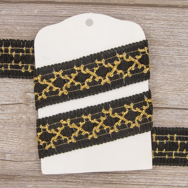 Тесьма PEGA декоративная, черная с золотистым люрексом, 34 мм. Арт 844168434DA001          