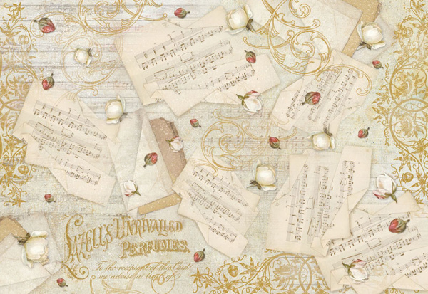 Бумага упаковочная "Муыкальные ноты и бутончики", рисовая, 48 х 33 см. Арт DFS348