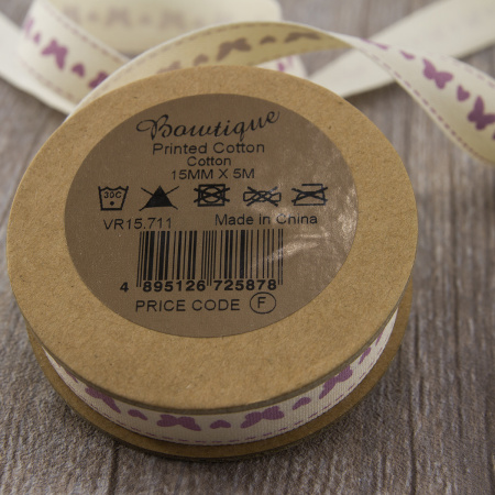 Лента хлопковая на картонной мини-катушке "Бабочки". Арт VR15.711