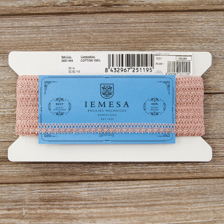 Мерсеризованное хлопковое кружево, 10 мм, цвет пыльно-розовый. Арт 3221/W4