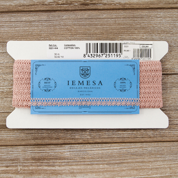 Мерсеризованное хлопковое кружево, 10 мм, цвет пыльно-розовый. Арт 3221/W4