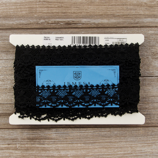 Мерсеризованное хлопковое кружево, 40 мм, цвет черный. Арт K055/14
