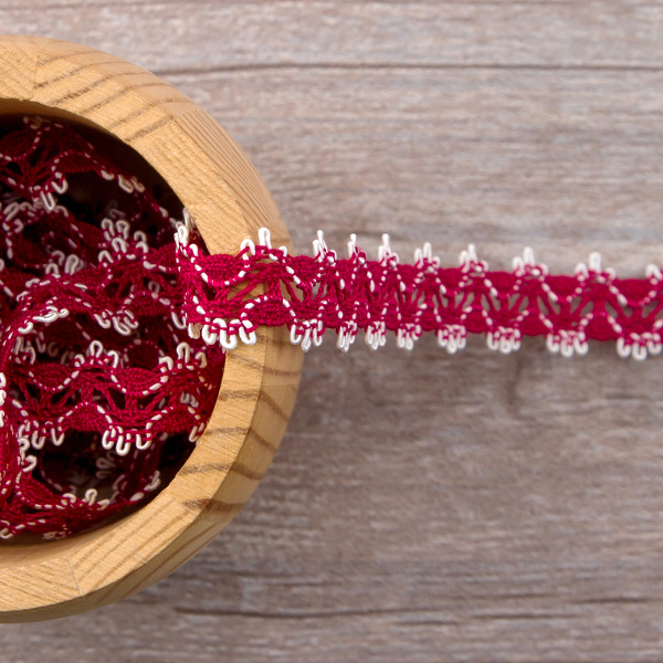 Мерсеризованное хлопковое кружево, 11 мм, цвет бордовый с белым. Арт 1084/G8