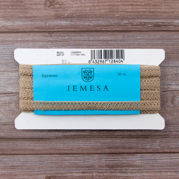 Мерсеризованное хлопковое кружево, 12 мм, цвет серо-бежевый. Арт 3267/27                 