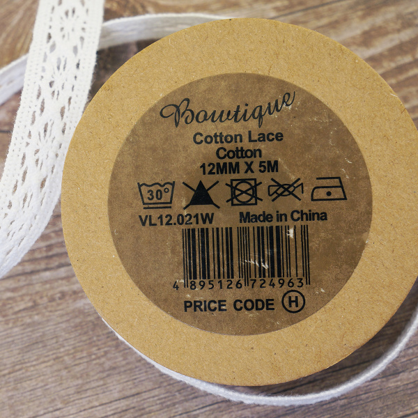 Кружево хлопковое на картонной катушке, цвет белый. Арт VL12.021W