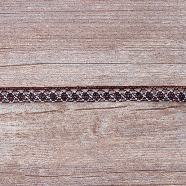 Мерсеризованное хлопковое кружево, 13 мм, цвет коричневый со светло-голубым. Арт 3155/R1                 