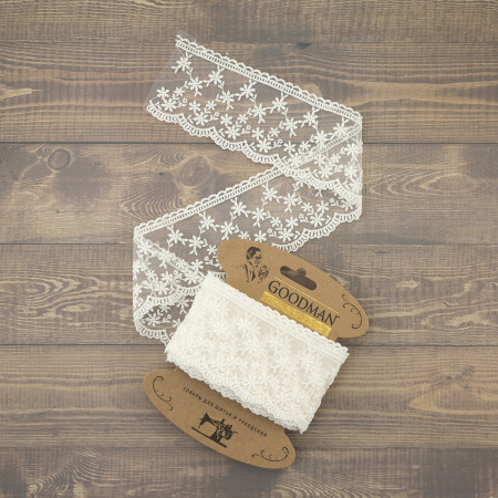 Кружево-вышивка на тюле, 65 мм, цвет молочный, 100% полиэстер, 4,5 м. Арт T-3005.112