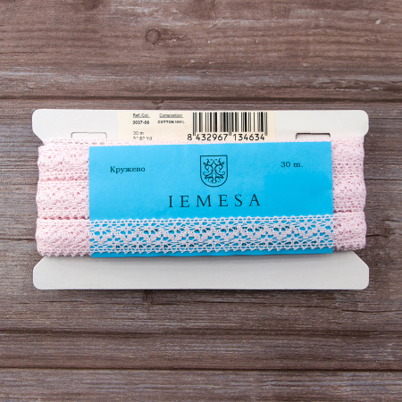 Мерсеризованное хлопковое кружево, 20 мм, цвет светло-розовый. Арт 3037/06                 