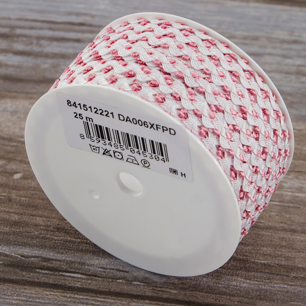 Тесьма PEGA тип вьюнчик, белый с розовым, 7 мм. Арт 841512221DA006