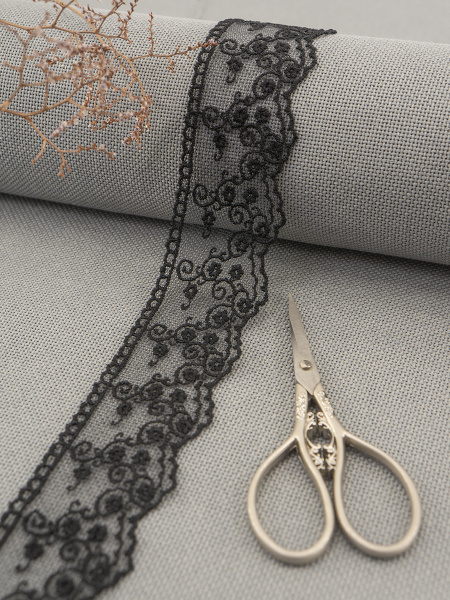 Кружево-вышивка на тюле, 42 мм, цвет черный, 100% полиэстер, 3,5 м. Арт T-2443.13