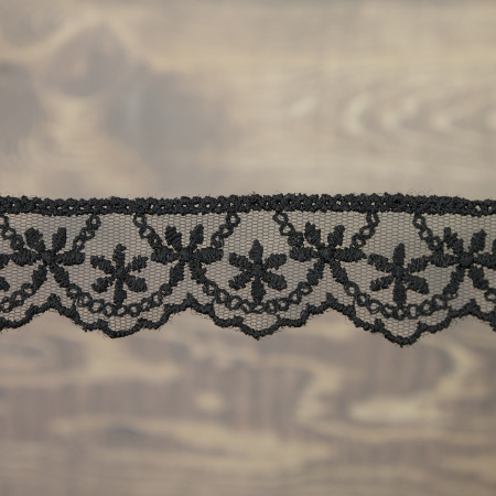 Кружево-вышивка на тюле, 28 мм, цвет черный, 100% полиэстер, 3,5 м. Арт T-1910.13