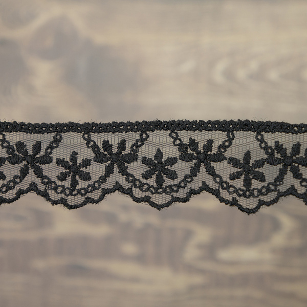 Кружево-вышивка на тюле, 28 мм, цвет черный, 100% полиэстер, 3,5 м. Арт T-1910.13