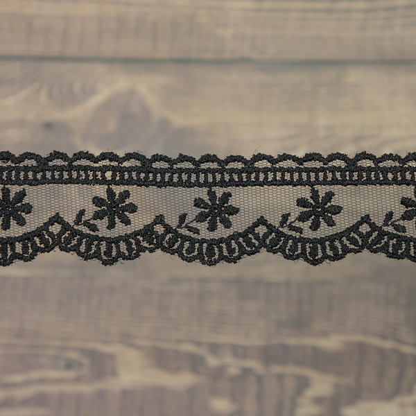 Кружево-вышивка на тюле, 30 мм, цвет черный, 100% полиэстер, 4,5 м. Арт T-3003.13