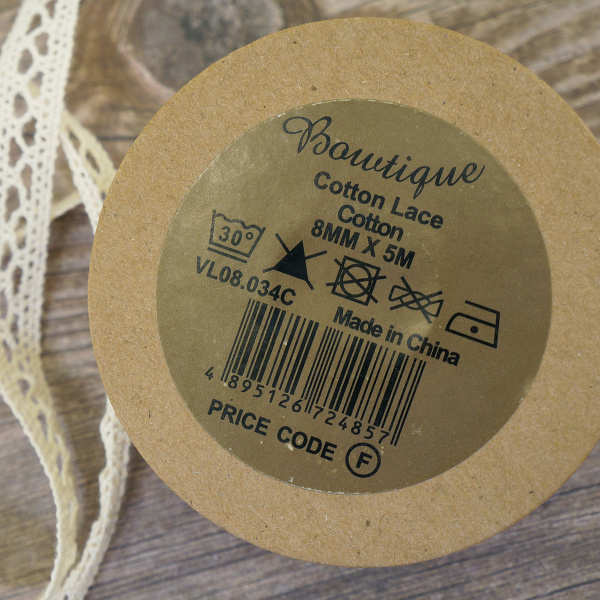 Кружево хлопковое на картонной катушке, цвет кремовый. Арт VL08.034C
