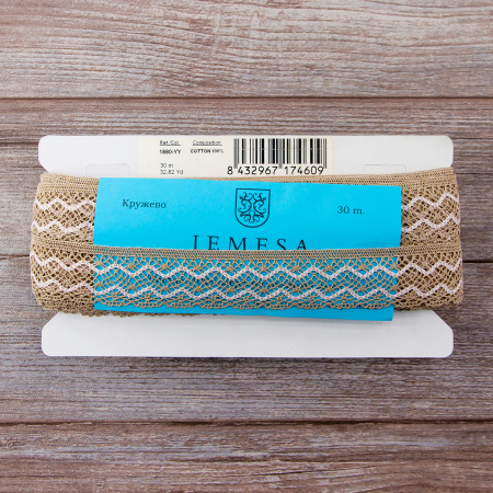 Мерсеризованное хлопковое кружево, 35 мм, цвет бежевый со светло- розовым. Арт 1880/YY