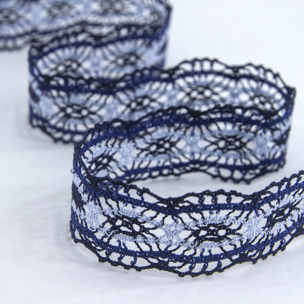 Мерсеризованное хлопковое кружево, 33 мм, цвет тёмно-голубой. Арт 2205/F4