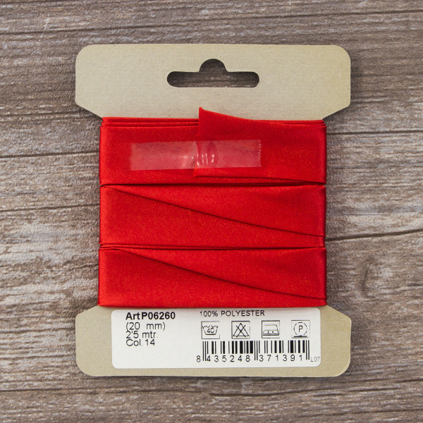 Косая бейка атласная  на блистере SAFISA, 20 мм, 2,5 м, цвет 14, красный. Арт P06260-20мм-14          