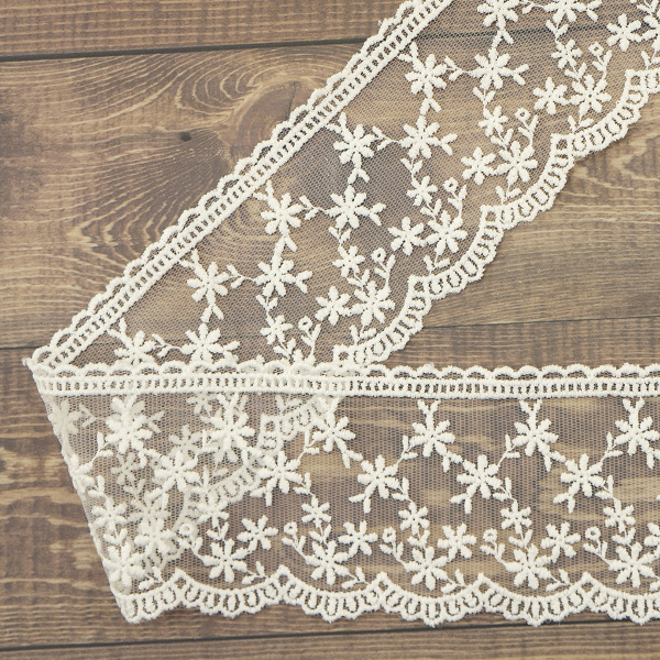 Кружево-вышивка на тюле, 65 мм, цвет молочный, 100% полиэстер, 4,5 м. Арт T-3005.112