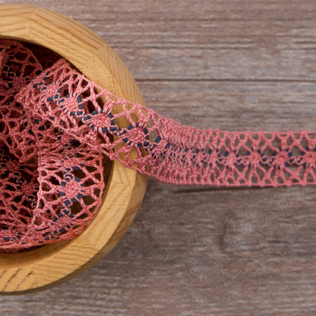 Мерсеризованное хлопковое кружево, 20 мм, цвет пыльно-розовый с цветом морской волны. Арт 1825/R5                 