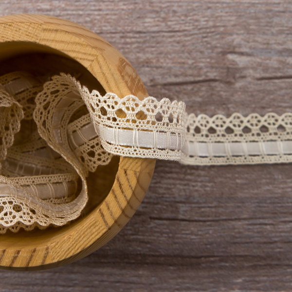 Мерсеризованное хлопковое кружево с бархатной лентой, 17 мм, цвет сливочный. Арт 2048/02